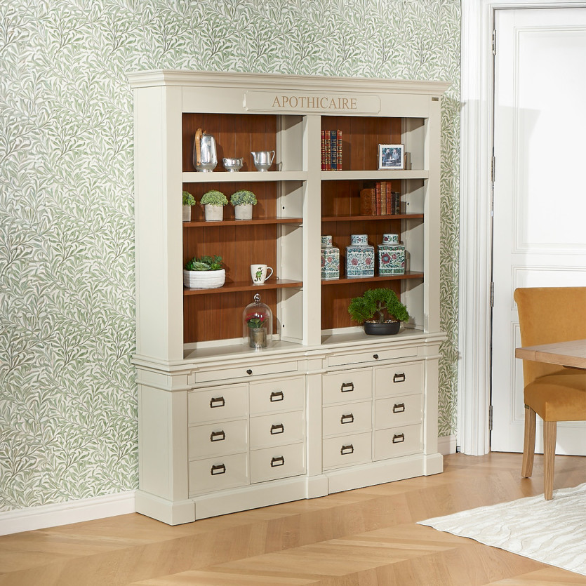 GUSTAVE - Bibliothèque ouverte style classique, 4 portes, 8 tablettes, 2 tirettes, bois certifié FSC®