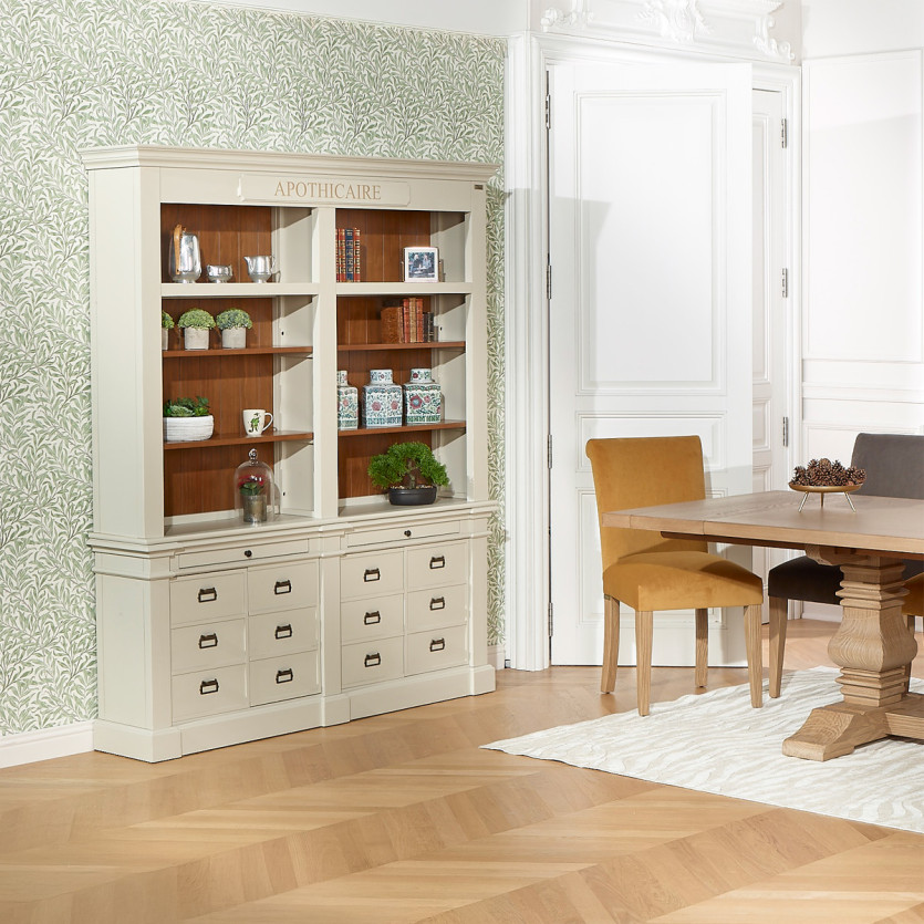 GUSTAVE - Bibliothèque ouverte style classique, 4 portes, 8 tablettes, 2 tirettes, bois certifié FSC®