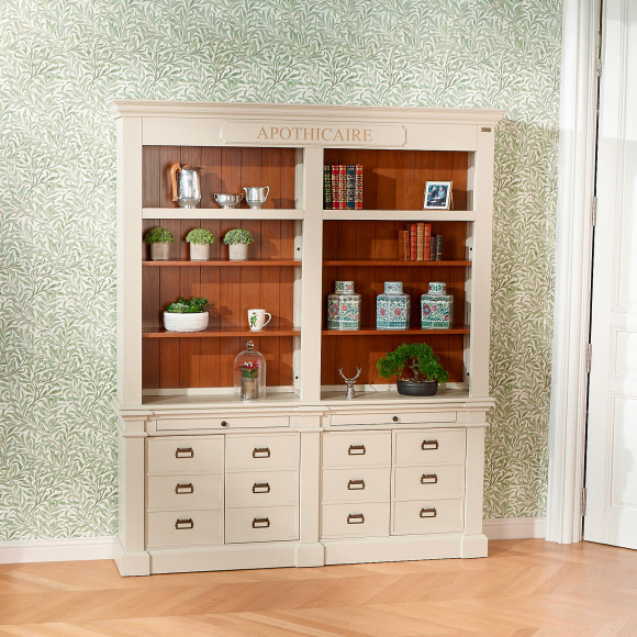 GUSTAVE - Bibliothèque ouverte style classique, 4 portes, 8 tablettes, 2 tirettes, bois certifié FSC®
