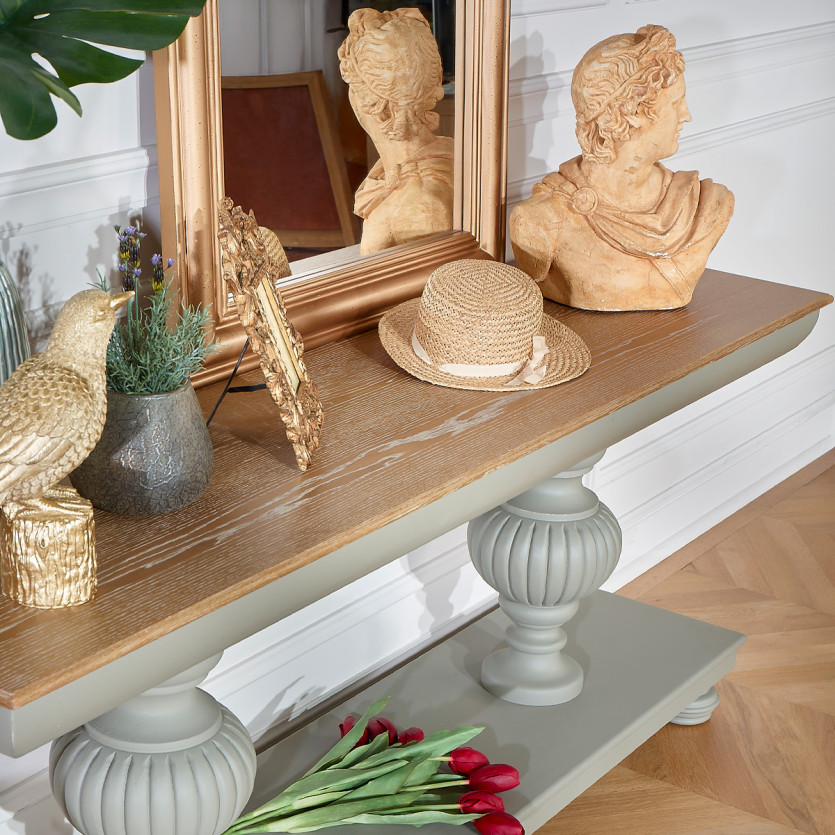 SALVADOR dining room console - Romantic style with light gray legs, oak top