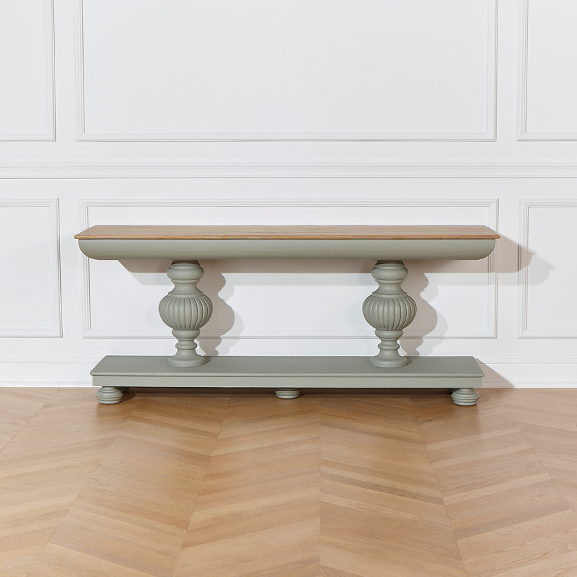 Console SALVADOR - Style romantique piètement gris clair, plateau chêne