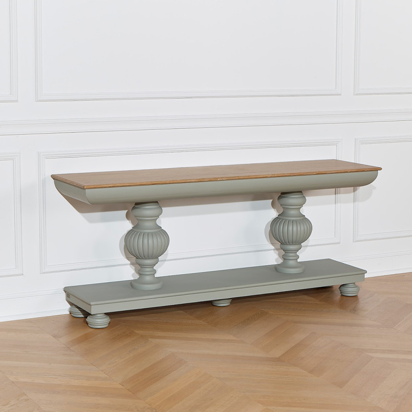 Console SALVADOR - Style romantique piètement gris clair, plateau chêne
