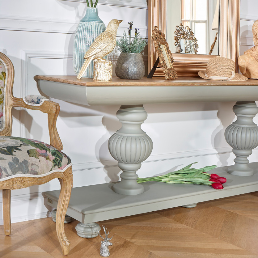 SALVADOR dining room console - Romantic style with light gray legs, oak top