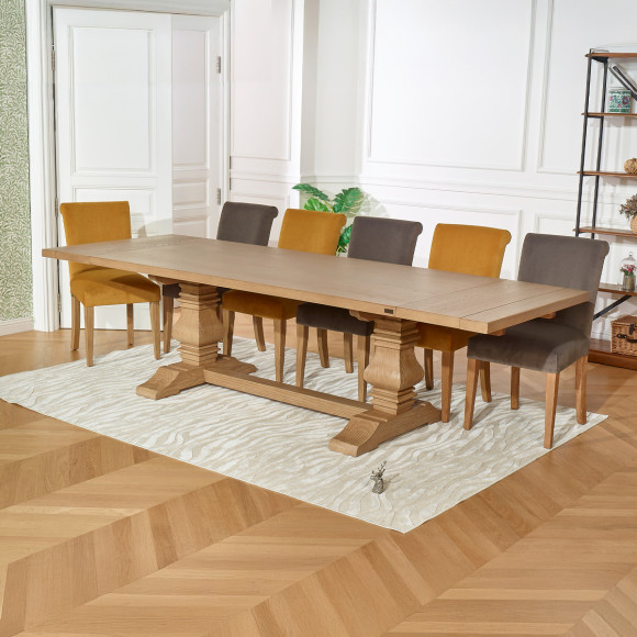 Table à manger extensible PENELOPE -  Type monastère, 2 allonges, plateau en chêne, 8/12 couverts, bois certifié FSC®