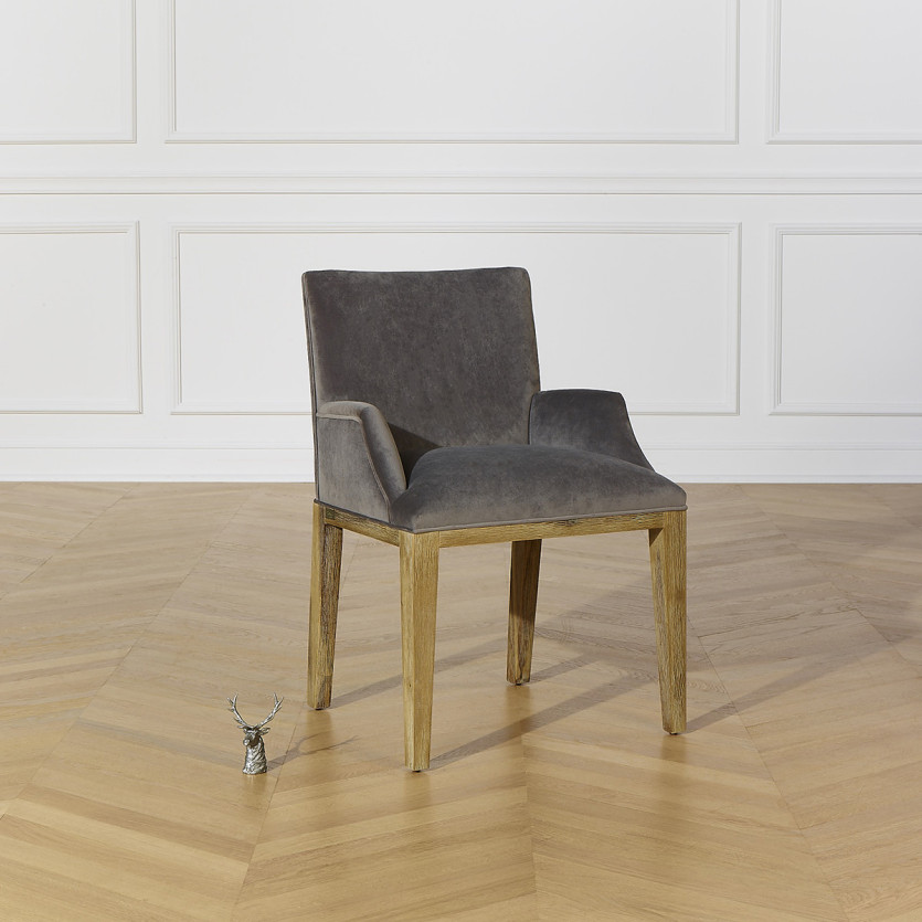 CLARK - Fauteuil de table design en bois massif et tissu velours polyester, 1 place