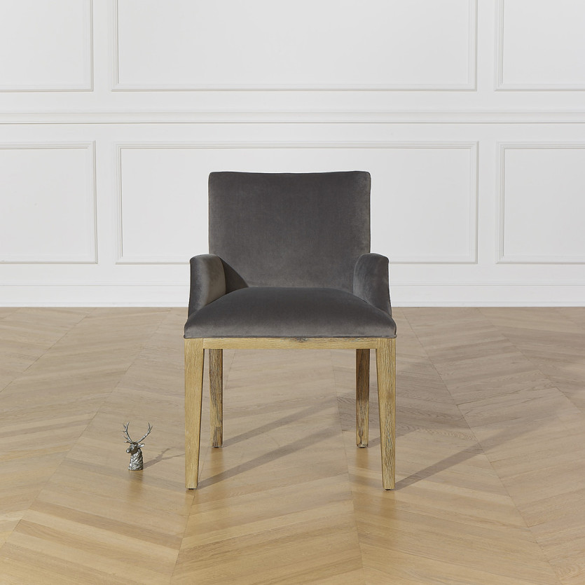 CLARK - Fauteuil de table design en bois massif et tissu velours polyester, 1 place