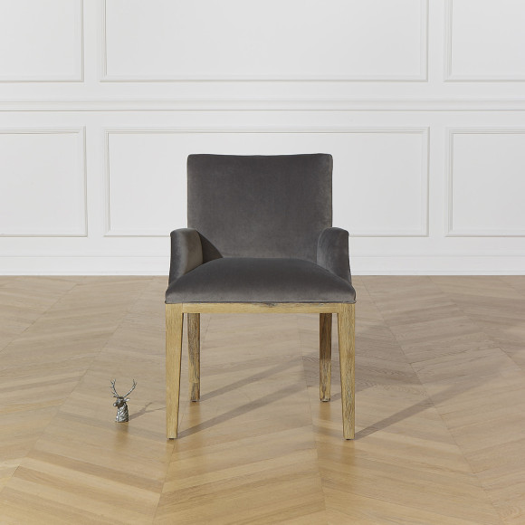 CLARK - Fauteuil de table design en bois massif et tissu velours polyester, 1 place