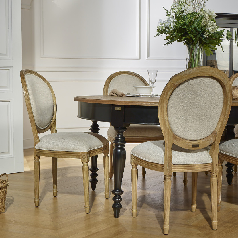 Table à manger extensible JADE – Style shabby chic, plateau en chêne, 6/14 couverts