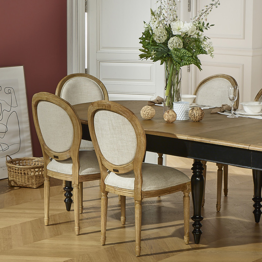 Table à manger extensible JADE – Style shabby chic, plateau en chêne, 6/14 couverts