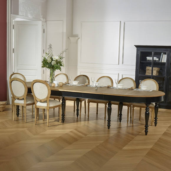 JADE - Mesa extensible estilo shabby chic, tablero de roble, 16 comensales