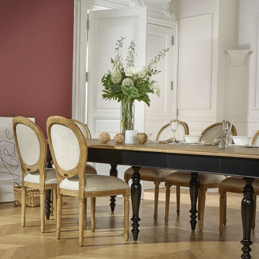 Table à manger extensible JADE – Style shabby chic, plateau en chêne, 6/14 couverts