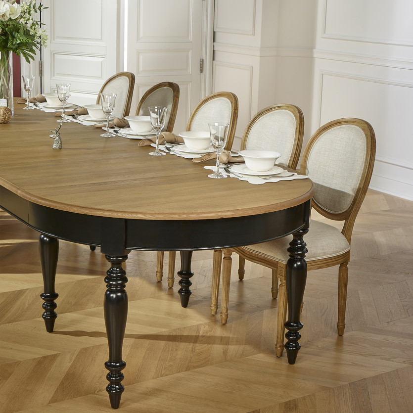 Table à manger extensible JADE – Style shabby chic, plateau en chêne, 6/14 couverts