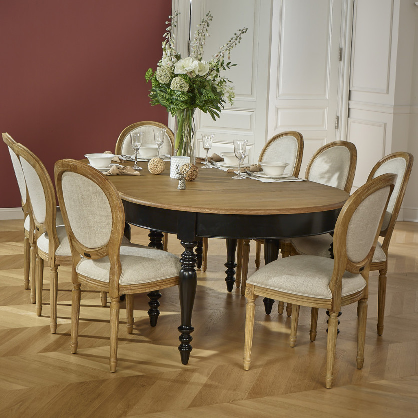 Table à manger extensible JADE – Style shabby chic, plateau en chêne, 6/14 couverts