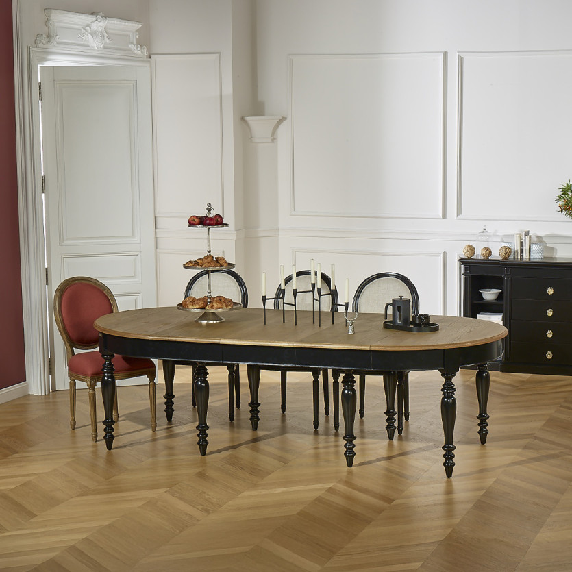 Table à manger extensible JADE – Style shabby chic, plateau en chêne, 6/14 couverts