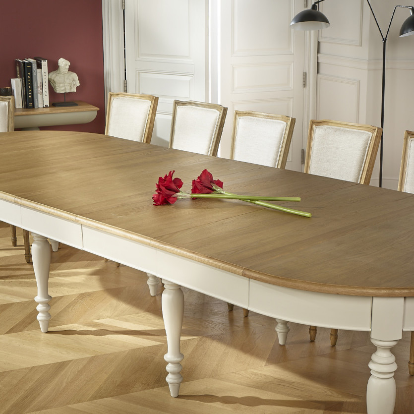 Table à manger extensible JADE – Style shabby chic, plateau en chêne, 6/14 couverts