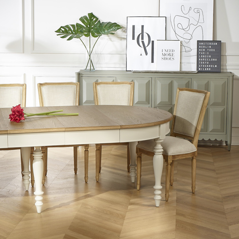 Table à manger extensible JADE – Style shabby chic, plateau en chêne, 6/14 couverts