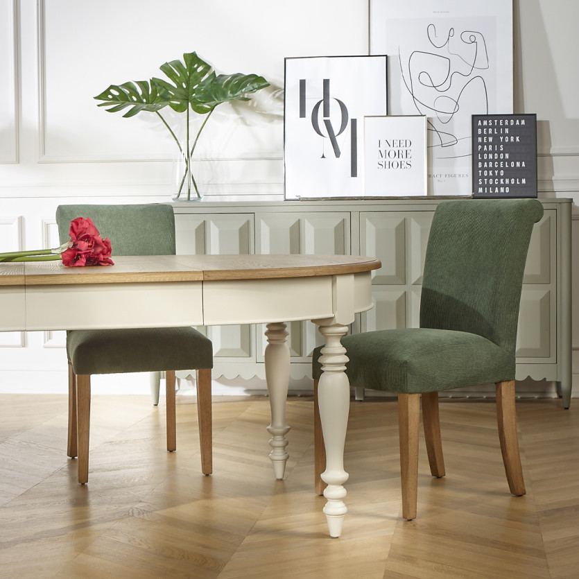 Table à manger extensible JADE – Style shabby chic, plateau en chêne, 6/14 couverts
