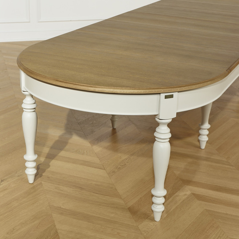 Table à manger extensible JADE – Style shabby chic, plateau en chêne, 6/14 couverts