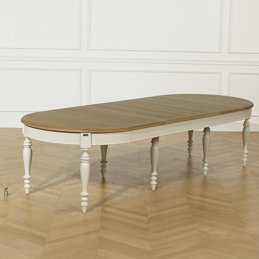 Table à manger extensible JADE – Style shabby chic, plateau en chêne, 6/14 couverts
