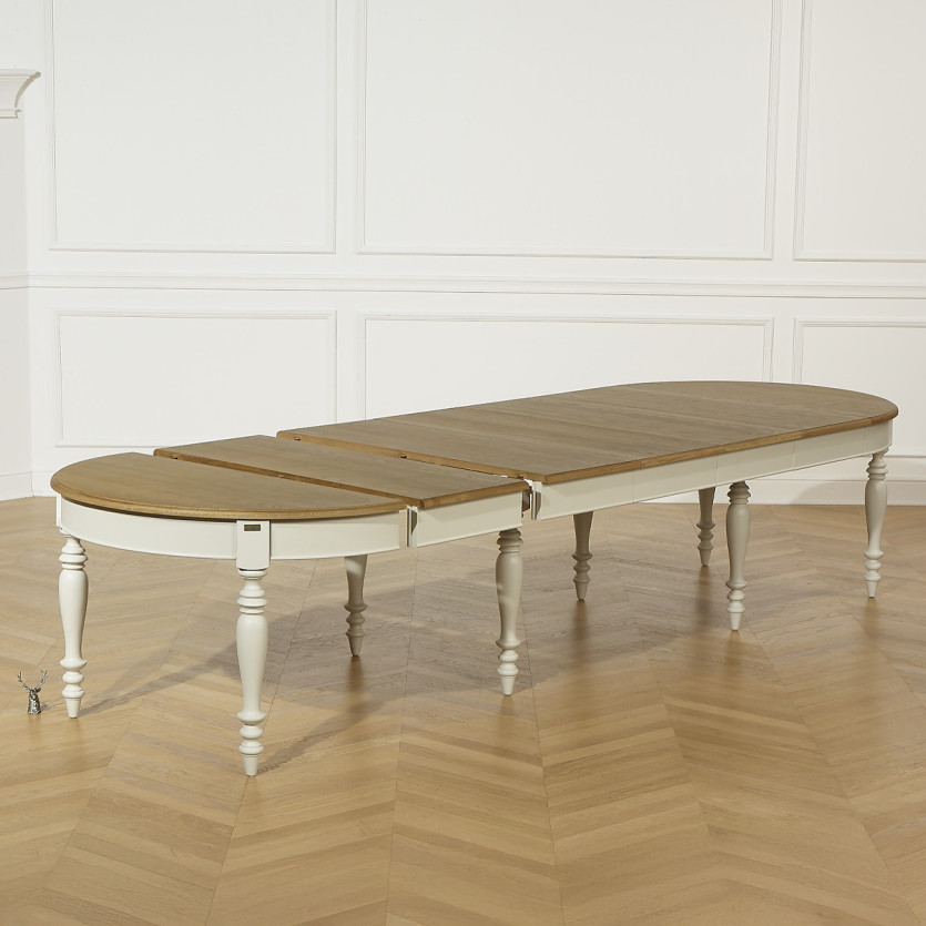 Table à manger extensible JADE – Style shabby chic, plateau en chêne, 6/14 couverts