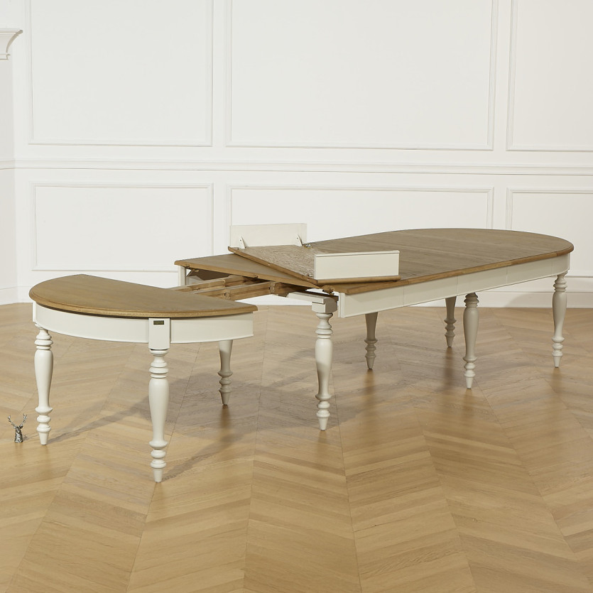 Table à manger extensible JADE – Style shabby chic, plateau en chêne, 6/14 couverts