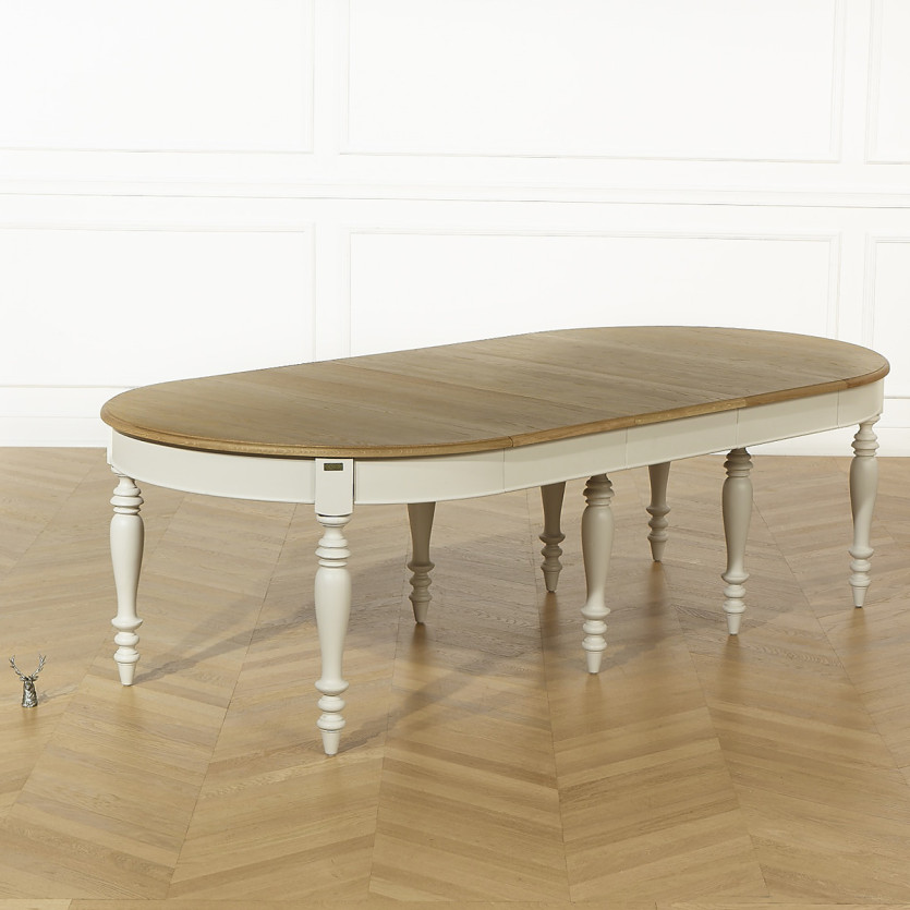 Table à manger extensible JADE – Style shabby chic, plateau en chêne, 6/14 couverts