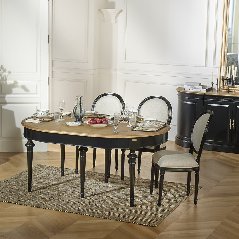 Table à manger extensible AMBRE - Style shabby chic, plateau en chêne, 4/10 couverts