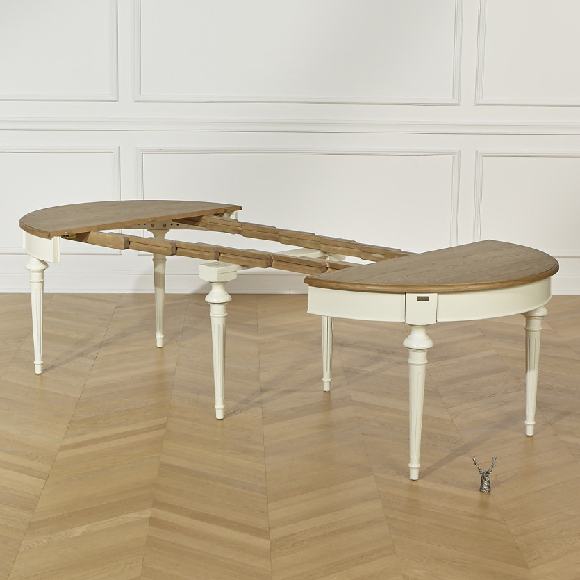 Table à manger extensible AMBRE - Style shabby chic, plateau en chêne, 4/10 couverts