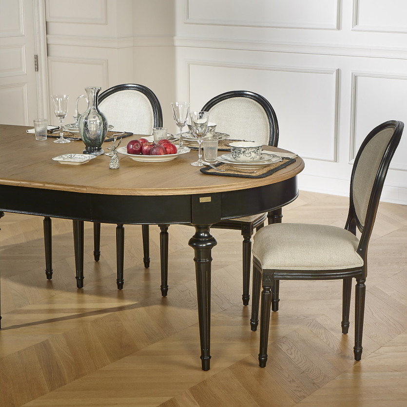 Table à manger extensible AMBRE - Style shabby chic, plateau en chêne, 4/10 couverts
