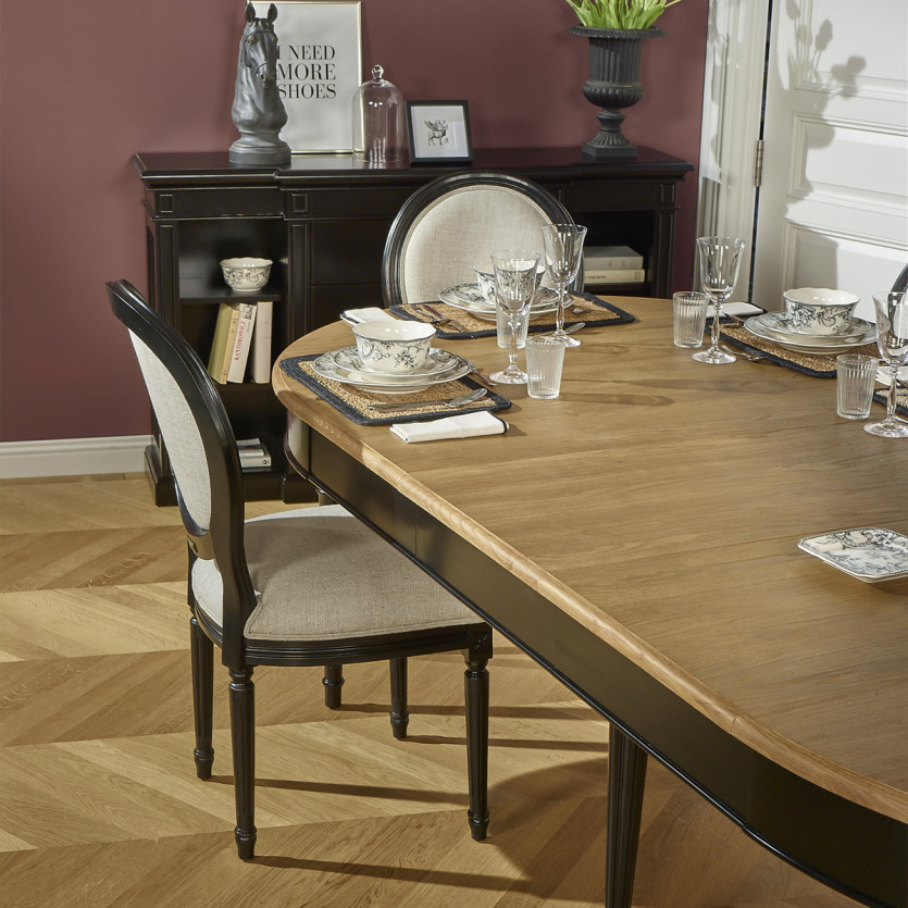 Table à manger extensible AMBRE - Style shabby chic, plateau en chêne, 4/10 couverts