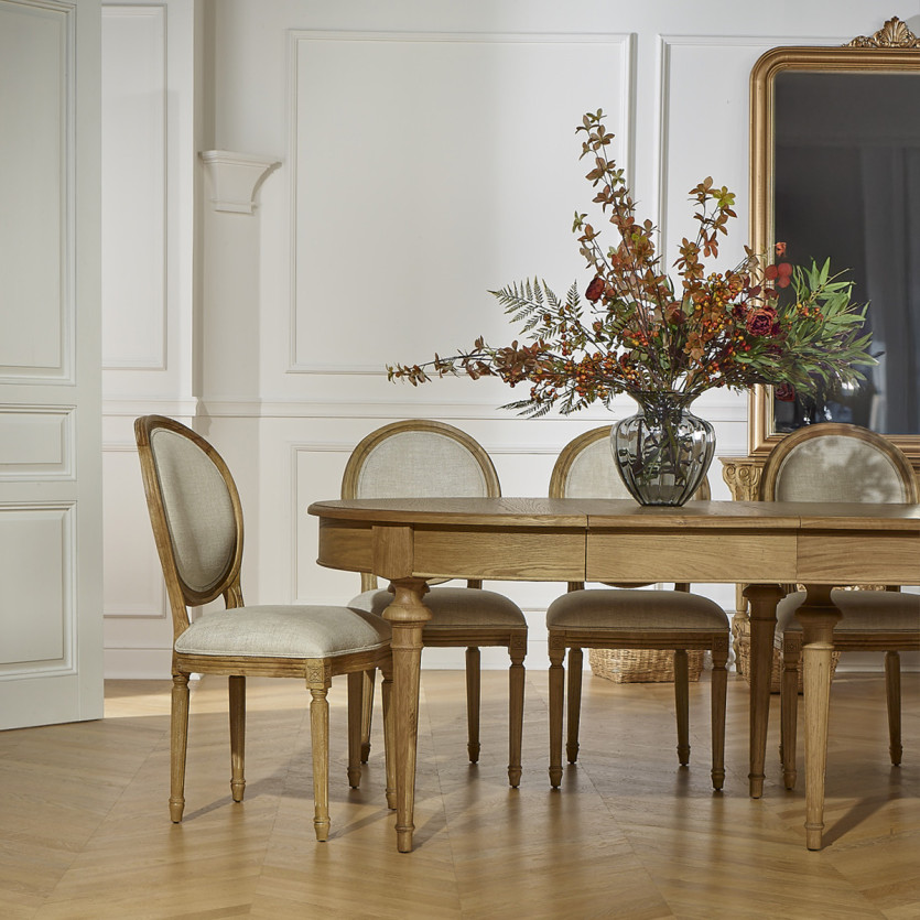 Table à manger extensible AMBRE - Style shabby chic, en chêne, 4/10 couverts