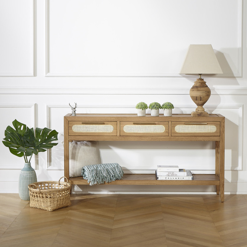 Console MONTANA - Style moderne, plateau en chêne, 3 tiroirs, 1 étagère