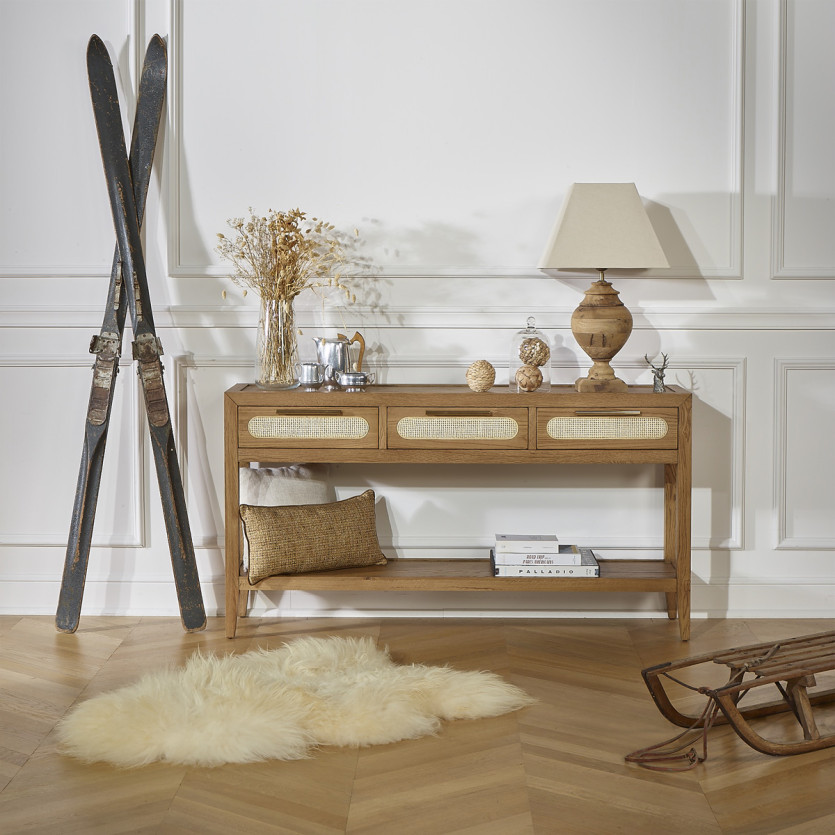 Console MONTANA - Style moderne, plateau en chêne, 3 tiroirs, 1 étagère