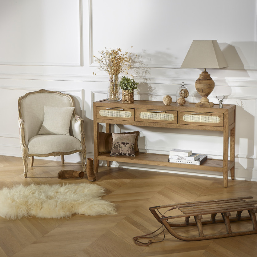 Console MONTANA - Style moderne, plateau en chêne, 3 tiroirs, 1 étagère