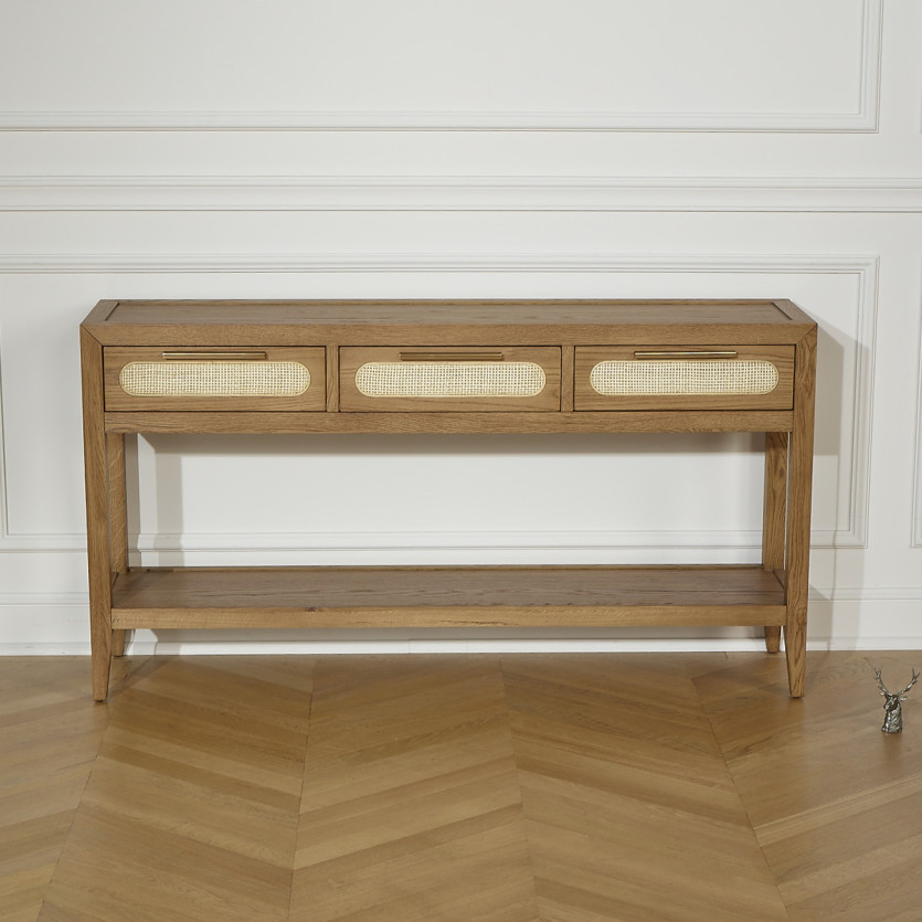 Console MONTANA - Style moderne, plateau en chêne, 3 tiroirs, 1 étagère