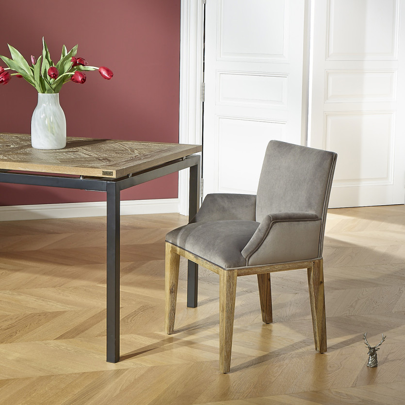 CLARK - Fauteuil de table design en bois massif et tissu velours polyester, 1 place