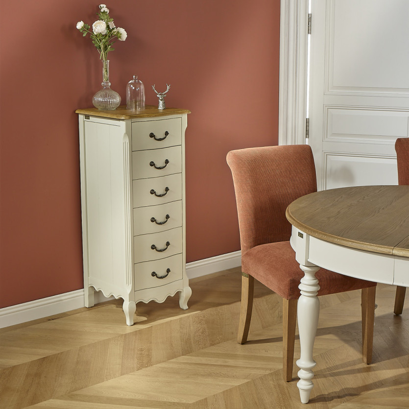 ORIANE – Colonne de rangement style romantique, plateau en chêne, 6 tiroirs, bois certifié FSC®