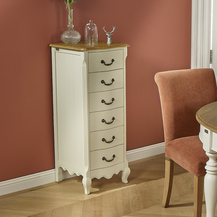 ORIANE – Colonne de rangement style romantique, plateau en chêne, 6 tiroirs, bois certifié FSC®