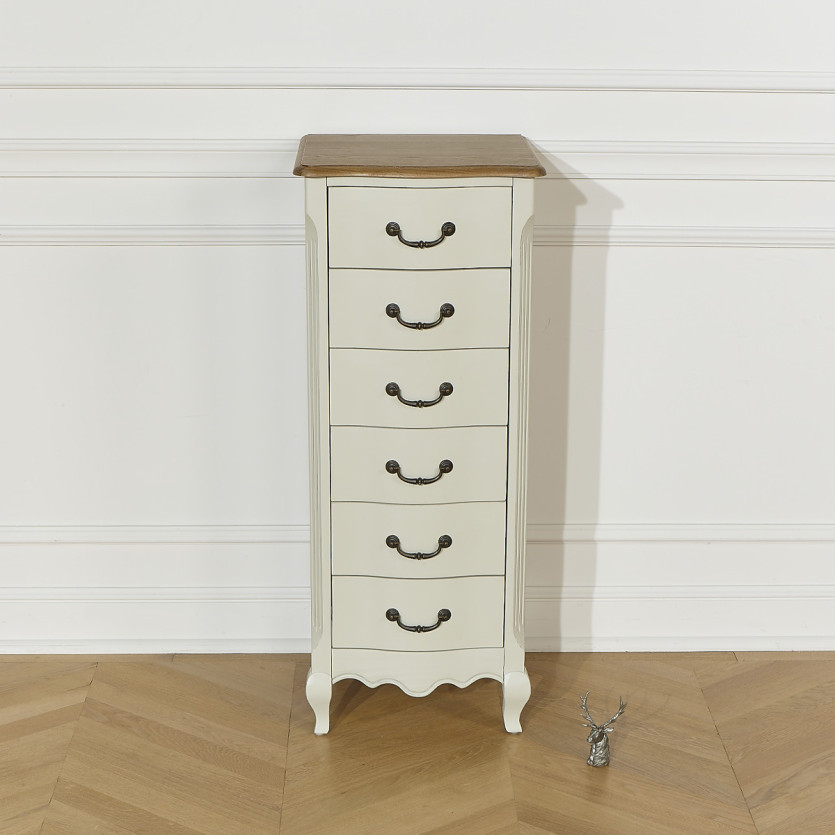 ORIANE – Colonne de rangement style romantique, plateau en chêne, 6 tiroirs, bois certifié FSC®