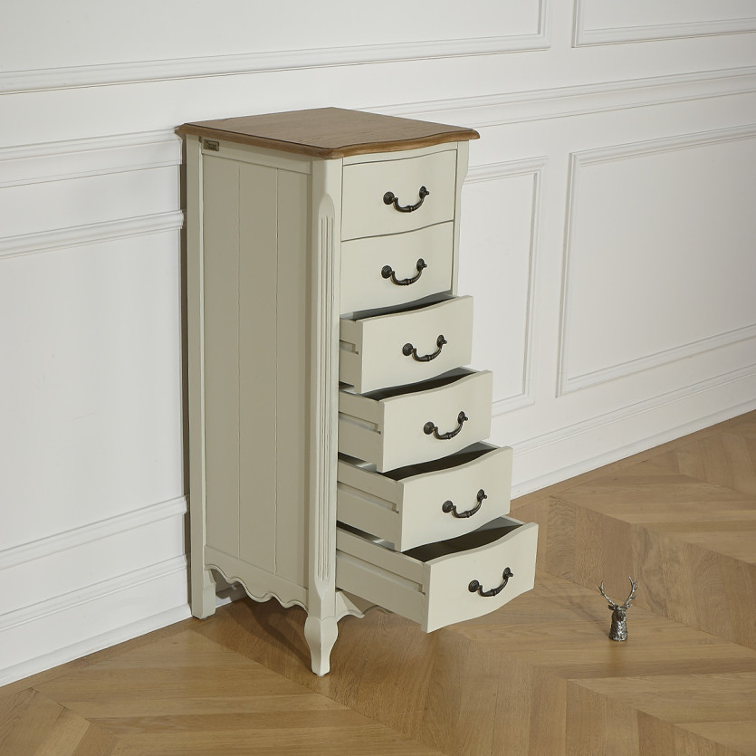 ORIANE – Colonne de rangement style romantique, plateau en chêne, 6 tiroirs, bois certifié FSC®