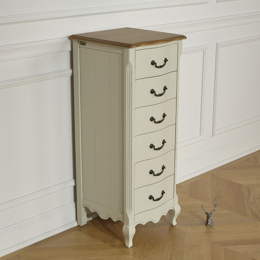 ORIANE – Colonne de rangement style romantique, plateau en chêne, 6 tiroirs, bois certifié FSC®