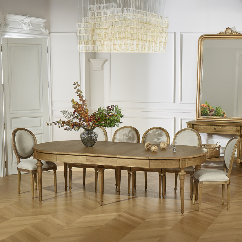 AMBRE Extendable Dining Table - Shabby Chic Style, in Oak, 4/10 place settings