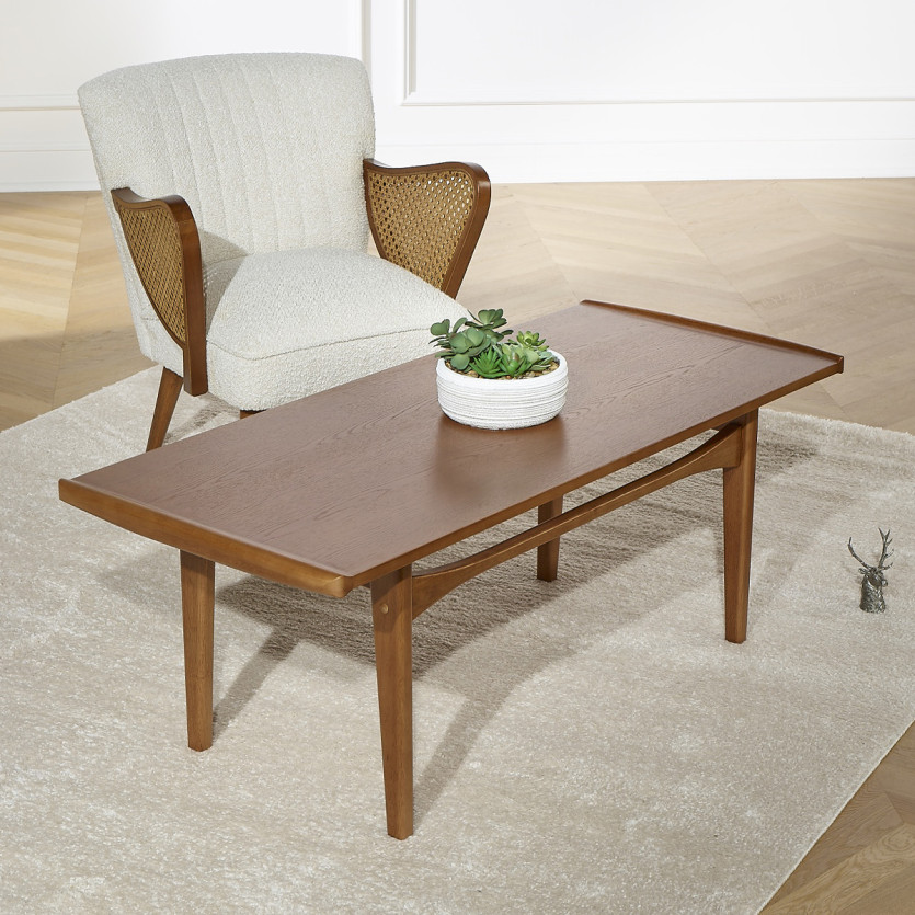 DALHIA – Table basse de salon style nordique, pieds en bois massif, teinte noyer