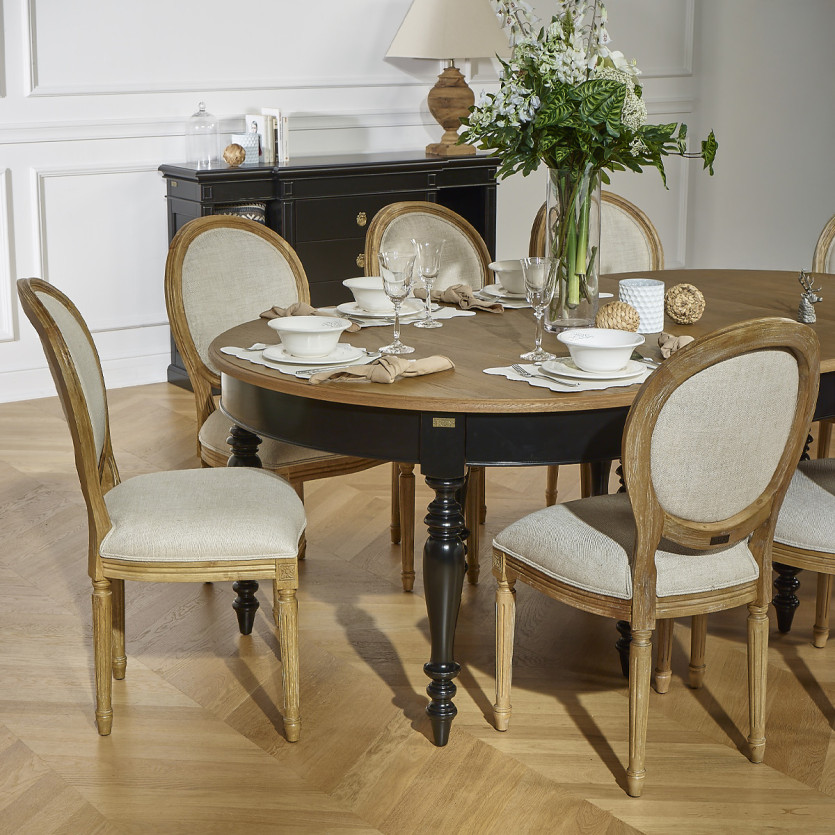 Table à manger extensible JADE – Style shabby chic, plateau en chêne, 6/14 couverts