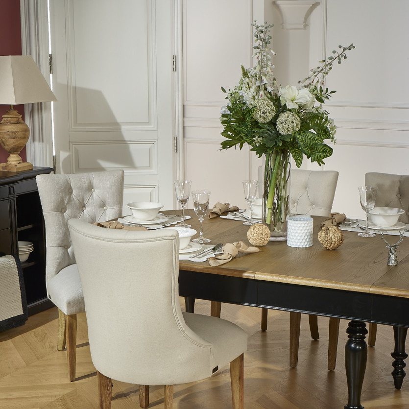 Table à manger extensible JADE – Style shabby chic, plateau en chêne, 6/14 couverts