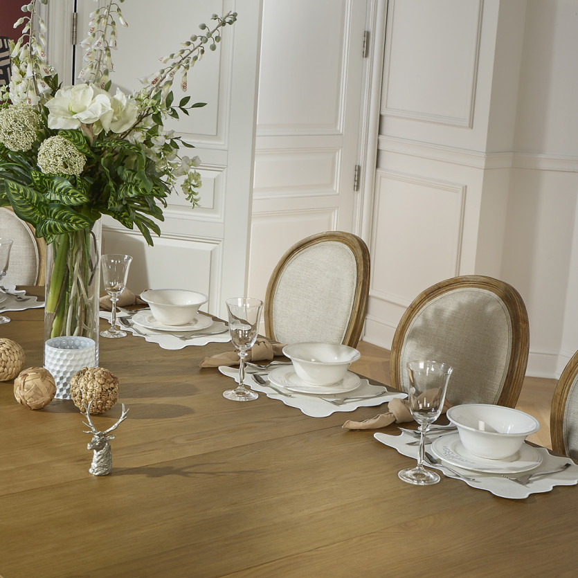 Table à manger extensible JADE – Style shabby chic, plateau en chêne, 6/14 couverts