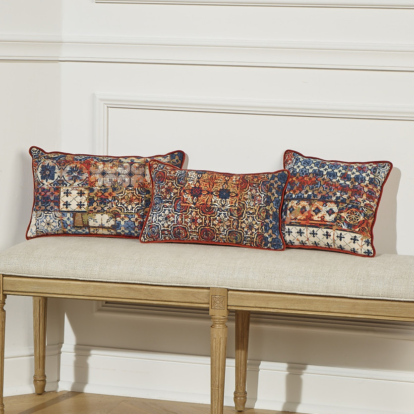 MOSAIQUE - Coussin rectangulaire style shabby chic en velours de coton et motifs floraux, 50 x 30 cm