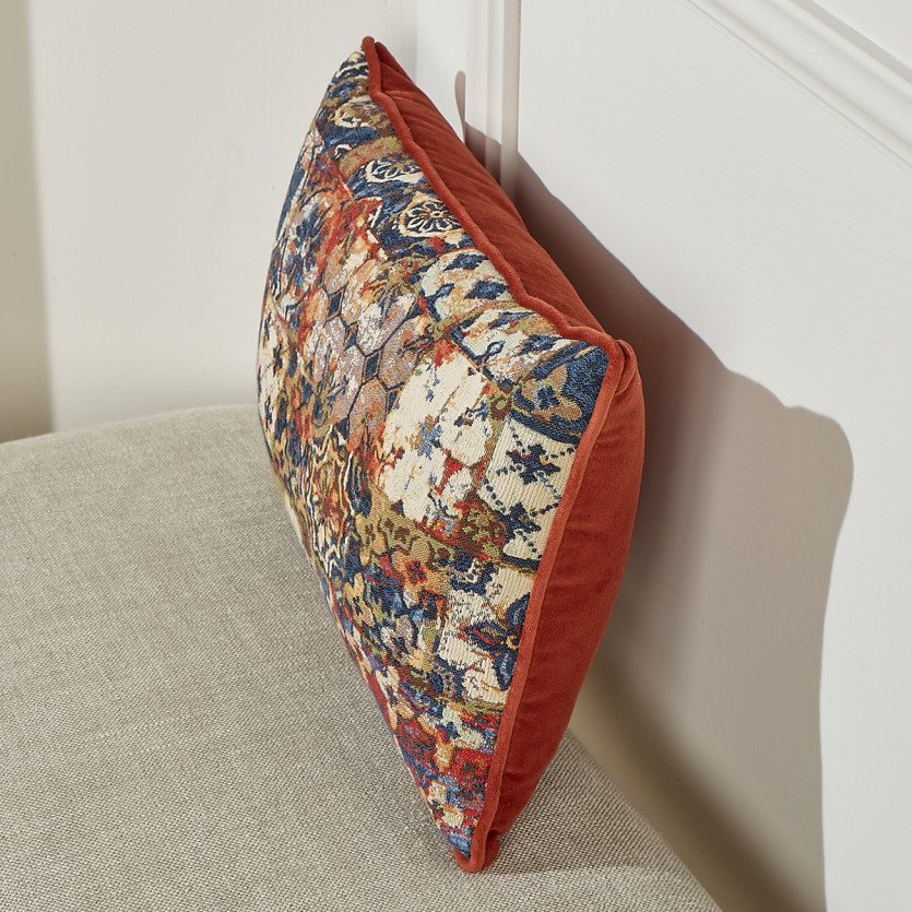 MOSAIQUE - Coussin rectangulaire style shabby chic en velours de coton et motifs floraux, 50 x 30 cm