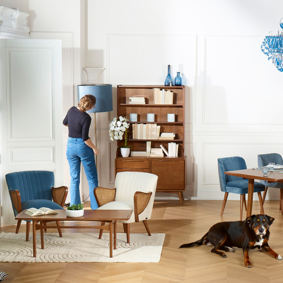 DALHIA – Table basse de salon style nordique, pieds en bois massif, teinte noyer