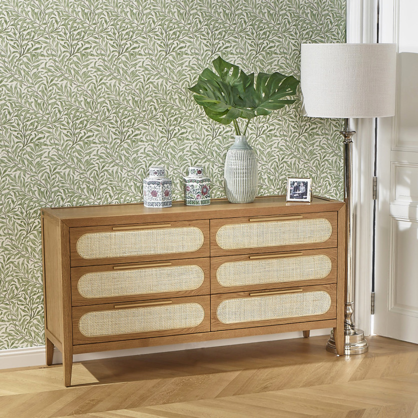 MONTANA - Moderne dressoir van eikenhout en rotan, 6 lades